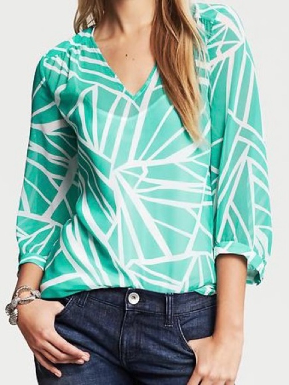 NWT Banana Republic Olympus Turquoise Geometric Sheer Blouse & Cami Size M $80